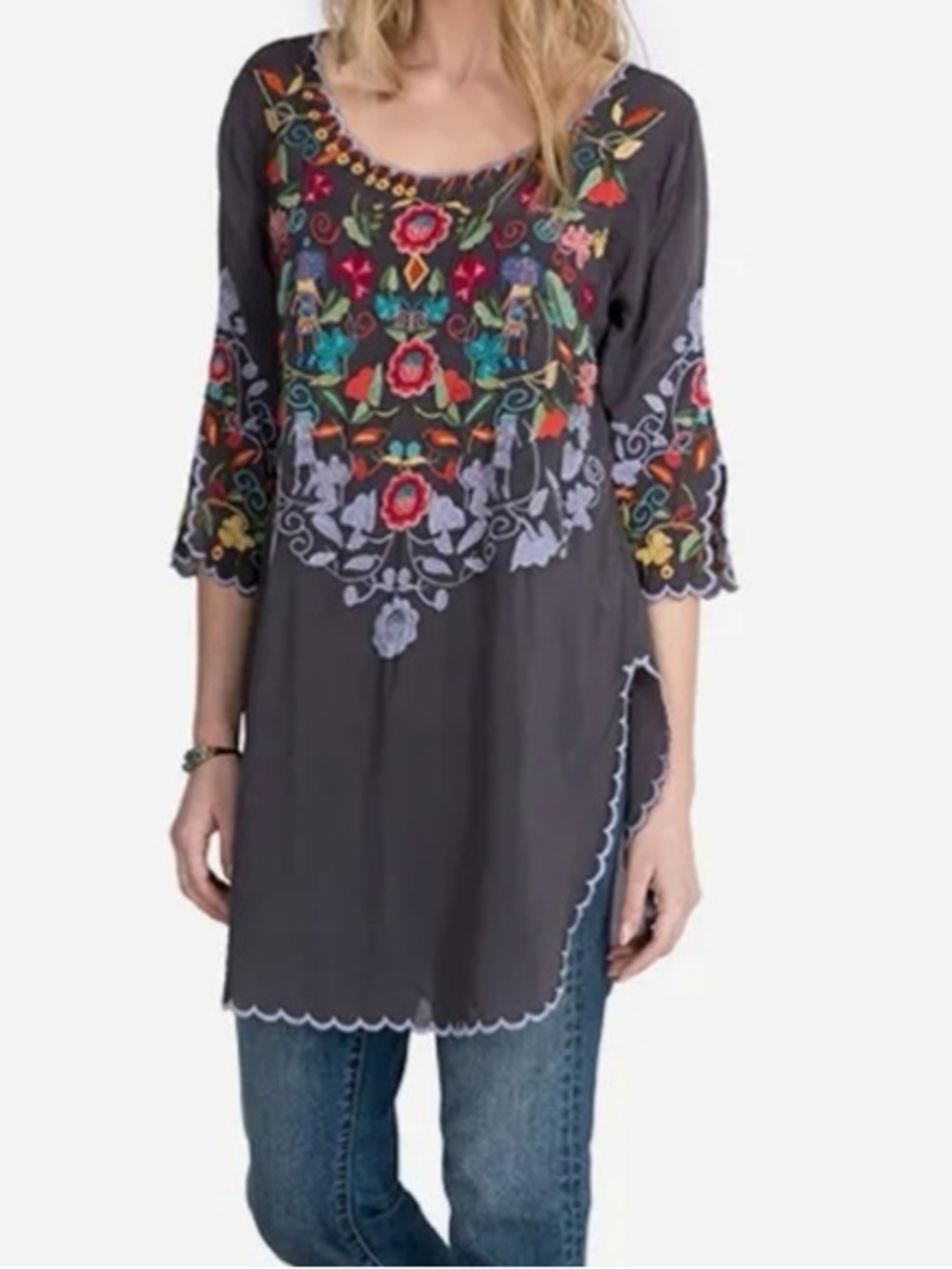 Johnny Was Herlinde Embroidered Tunic Cupra Rayon Scalloped Edge - Sz XS - Picture 2 of 7